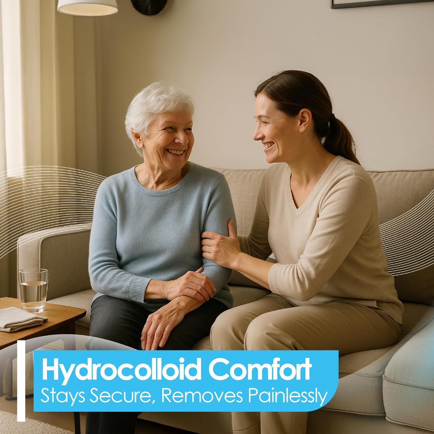 Deux femmes sur un canapé, avec texte 'Hydrocolloid Comfort'.
