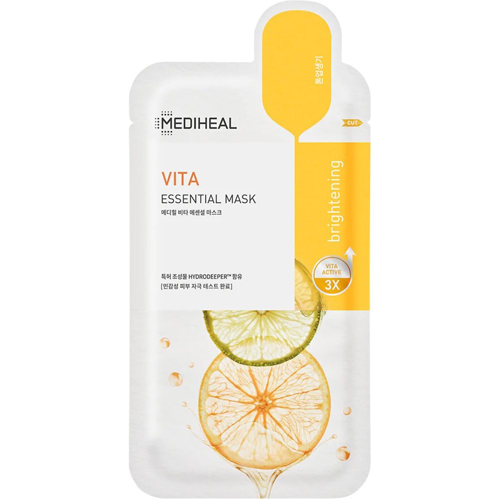 Masque facial MEDIHEAL Vita Essential, sachet blanc avec partie jaune. Tranches de citron et de citron vert. Texte: Vita Essential Mask.