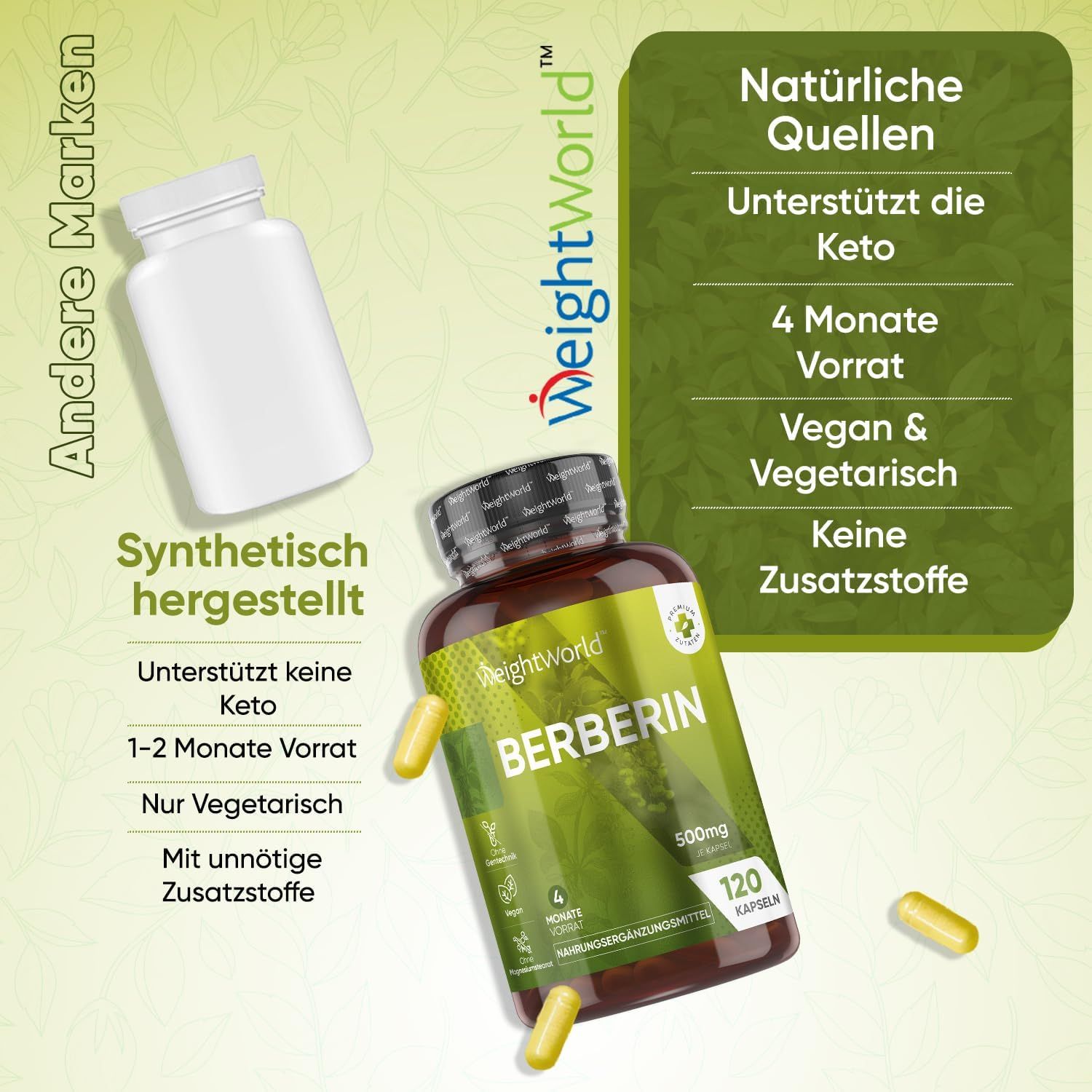 Image du produit gélules de berbérine en flacon. Contient des informations sur les ingrédients et les caractéristiques.
