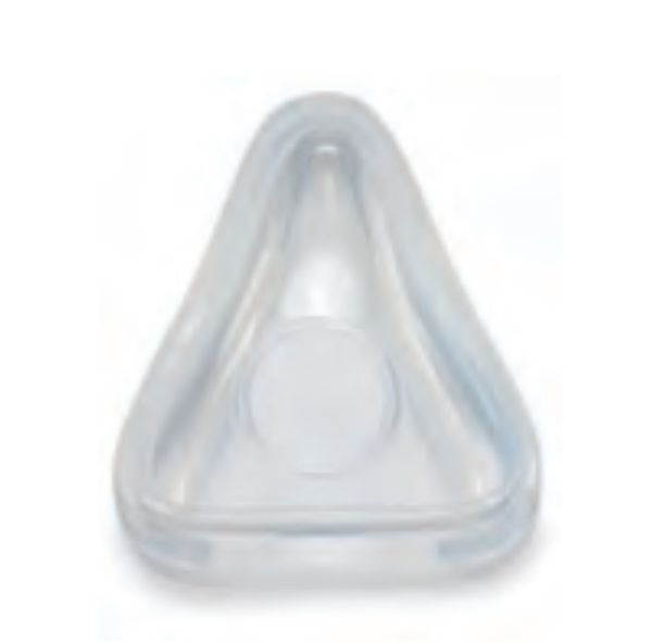 Coussin de masque CPAP transparent en silicone, de forme triangulaire avec une ouverture centrale.