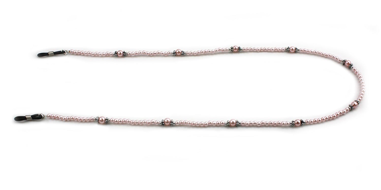 Brillenketting met roze parels en zwarte uiteinden, in U-vorm.