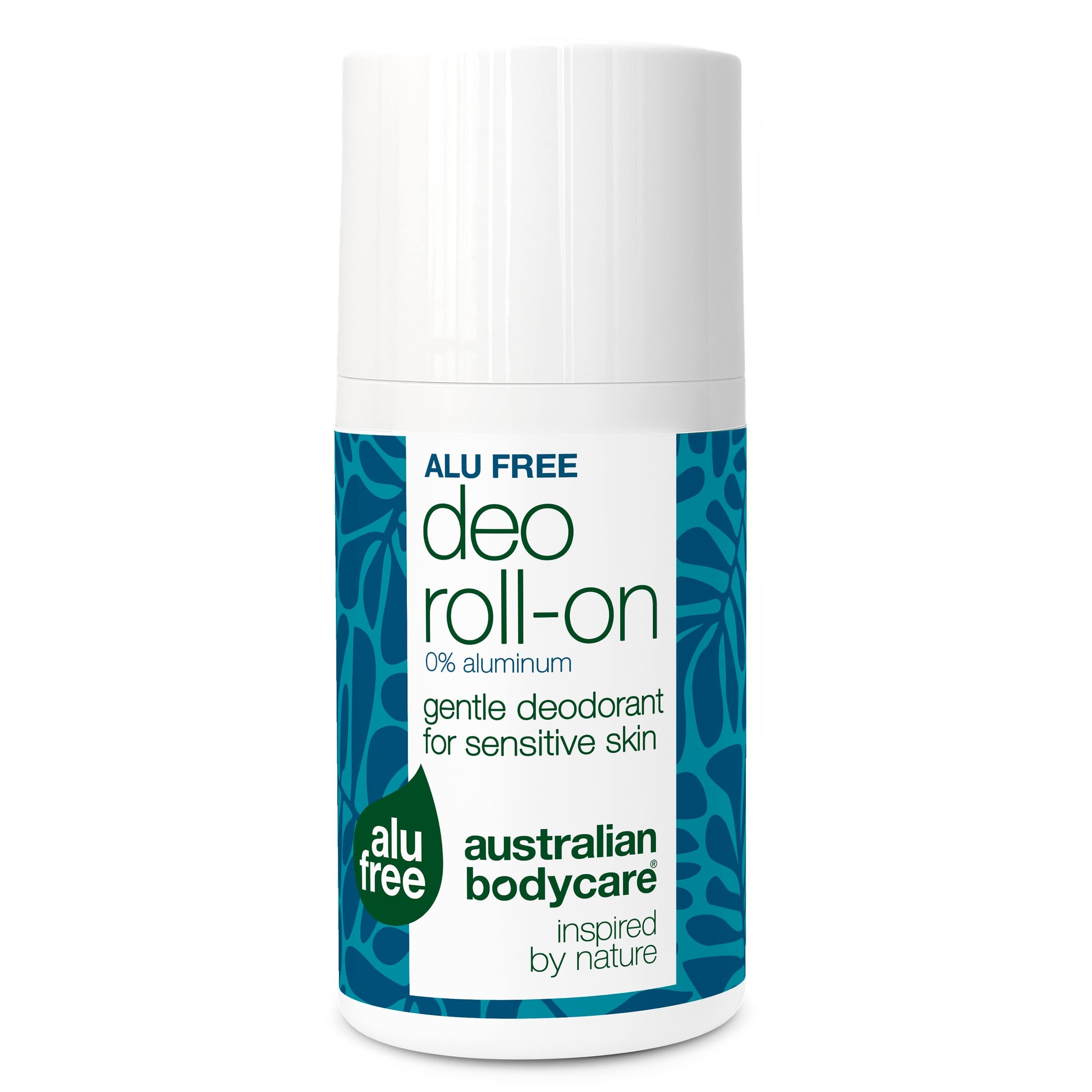 Roll-on déodorant blanc avec décor bleu. Inscription : Alu Free, Deo Roll-on, 0% aluminium, doux pour peaux sensibles.