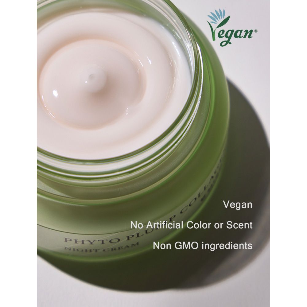Potje crème. Tekst: Vegan, No Artificial Color or Scent, Non GMO ingredients. Vegan logo.