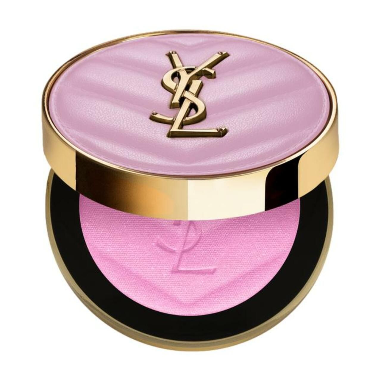 Yves Saint Laurent Make Me Blush ouvert. Poudre rose avec logo. Couvercle doré.