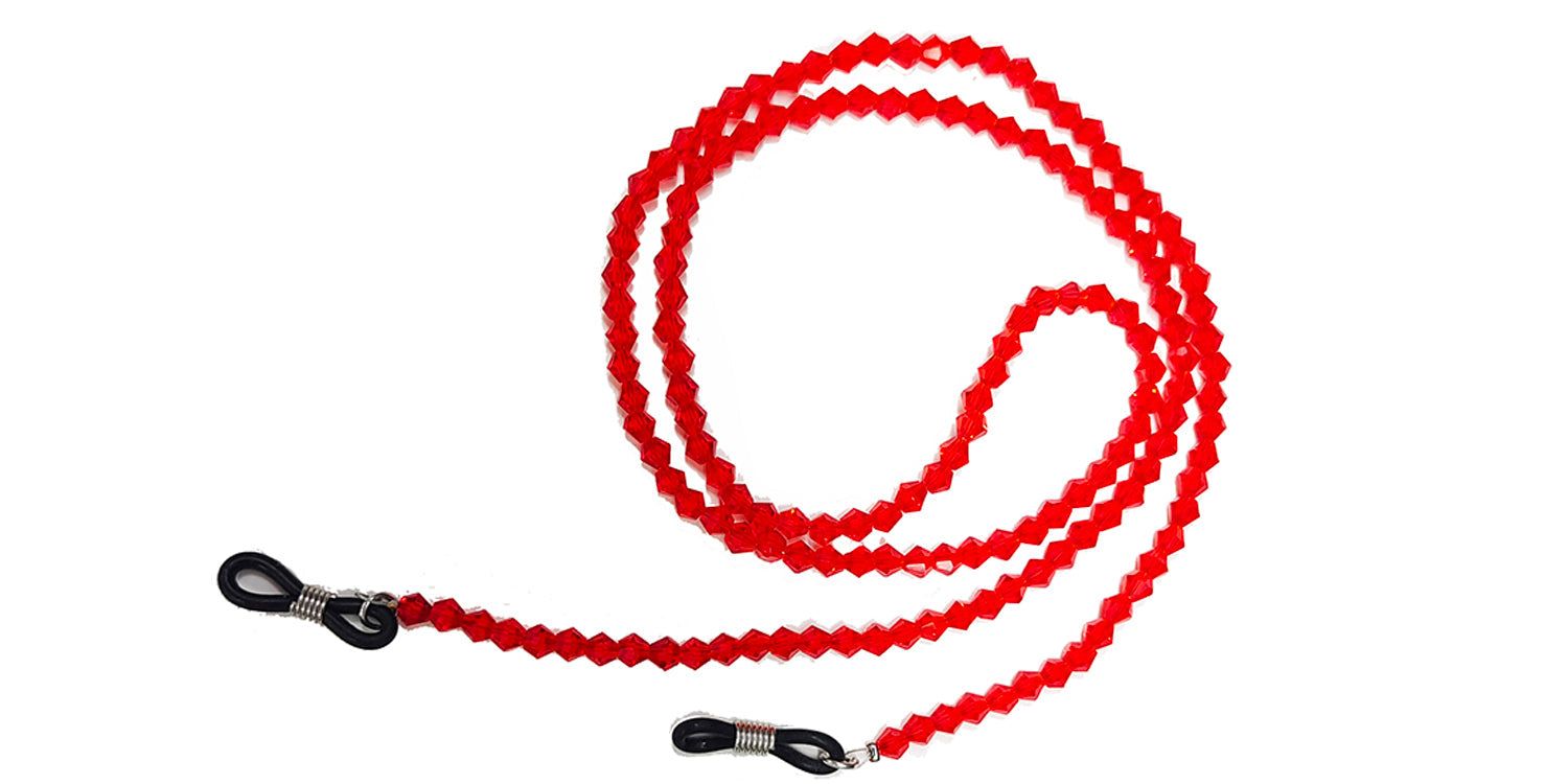 Cordon de lunettes rouge avec perles facettées. Boucles noires pour fixation aux branches.