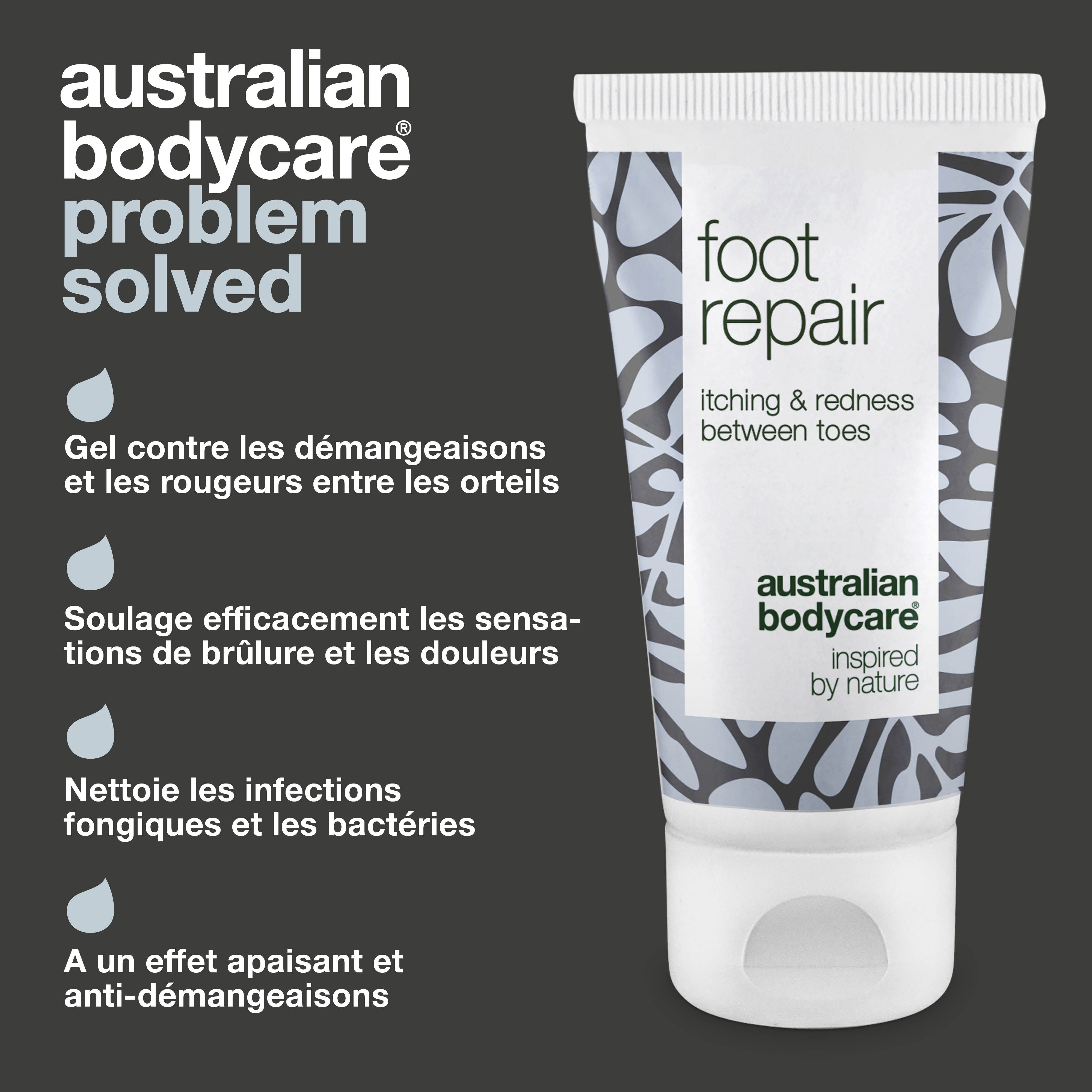 Tube de soin des pieds : foot repair, itching & redness between toes, Australian Bodycare. Texte : Gel contre les démangeaisons.