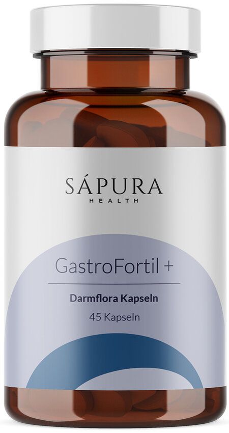 Flacon marron avec étiquette blanche. Inscription: Sápura Health, GastroFortil+, Capsules de flore intestinale, 45 capsules.