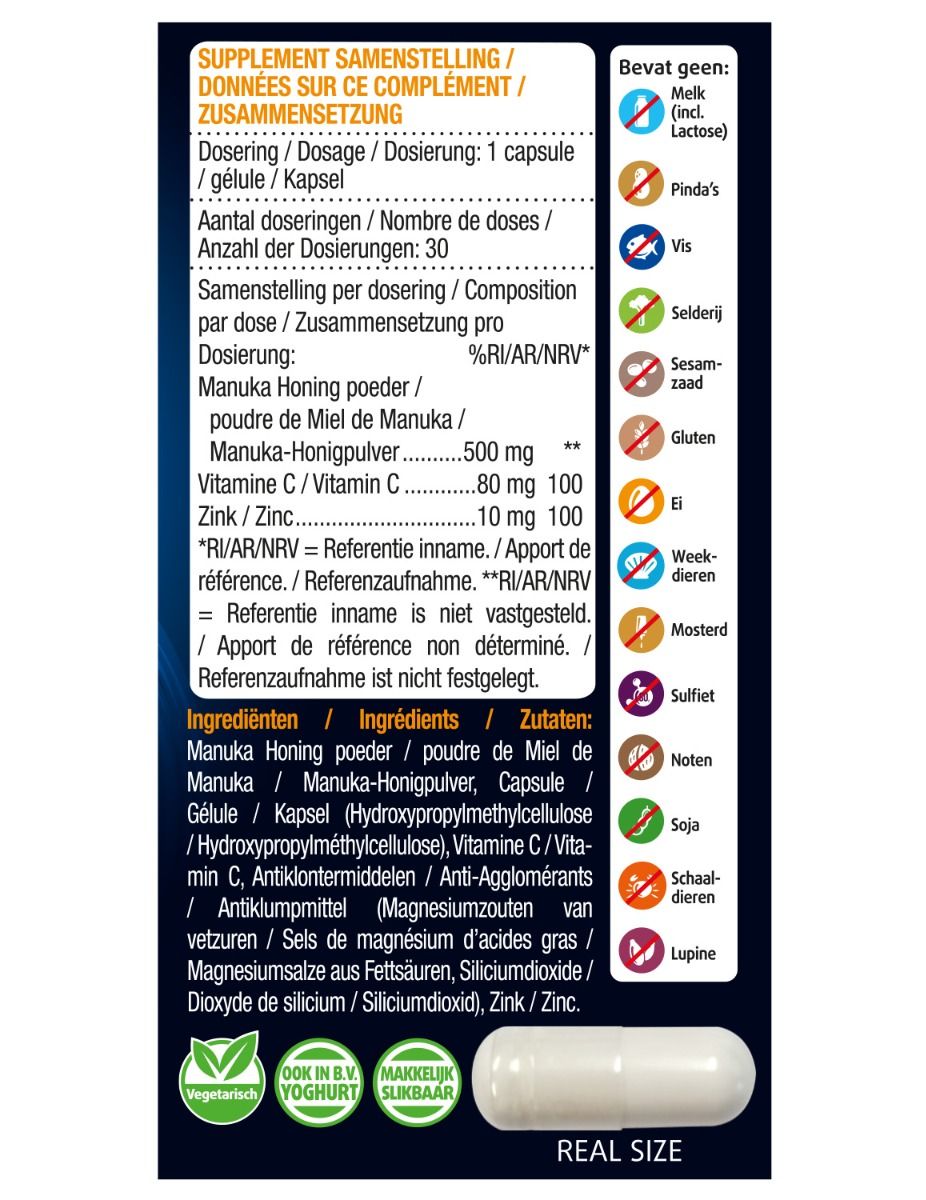 Dos de l'emballage de Lucovitaal Manuka Honing Zink. Contient des informations sur les ingrédients, le dosage et les valeurs nutritionnelles.
