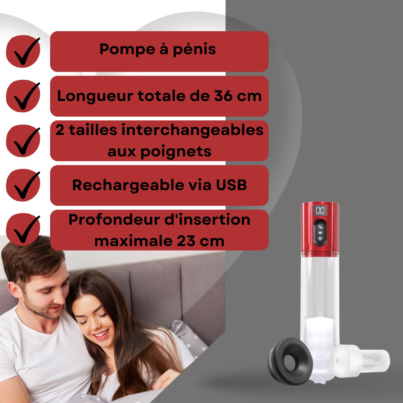 Pompe à pénis avec tête rouge, accessoires et couple au lit. Texte: Pompe automatique, 36cm, 2 manchons, USB, 23cm.