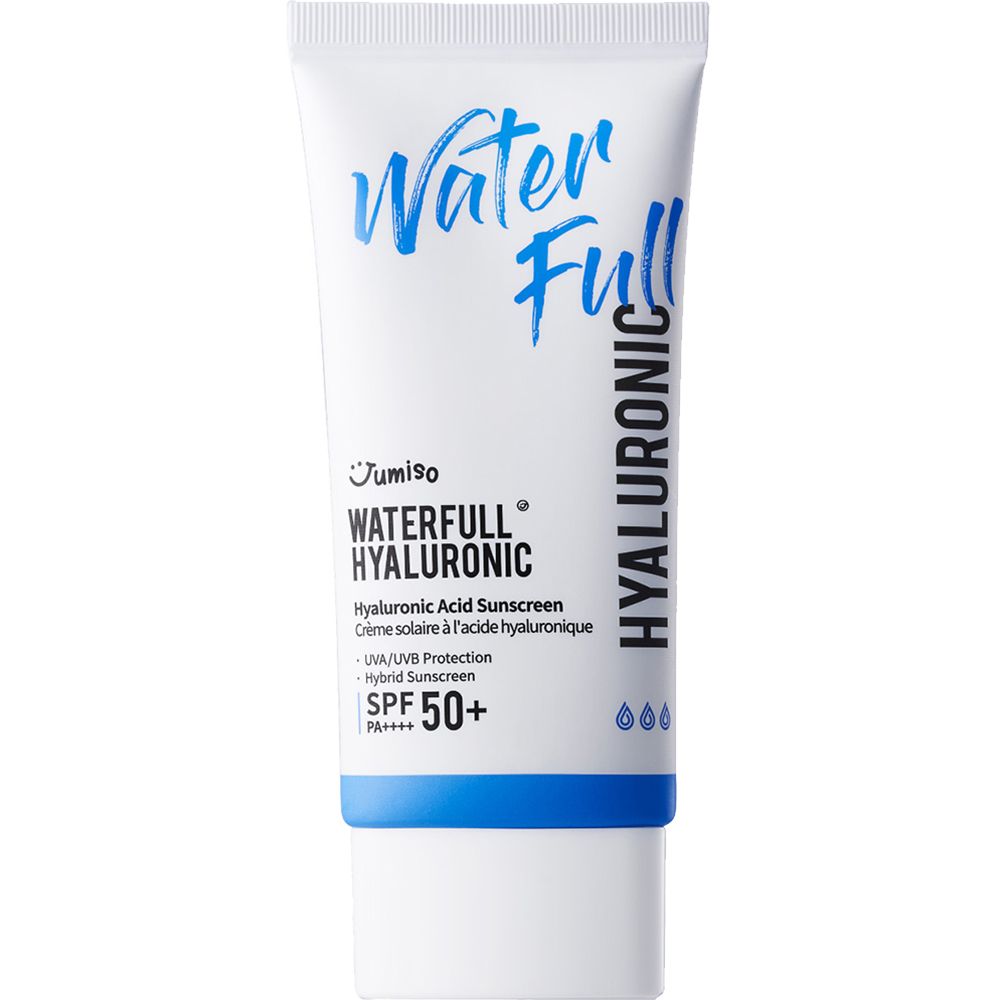 Witte tube met blauwe dop. Opschrift: Water Full, Hyaluronic, SPF 50+. Productnaam en merk duidelijk zichtbaar.
