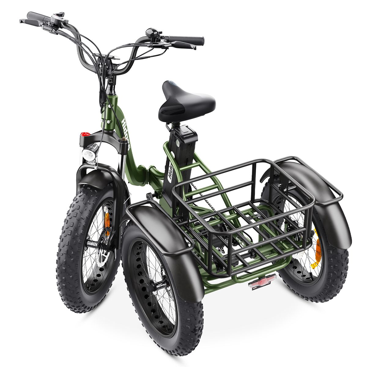 Tricycle électrique vert avec panier, pneus et siège noirs. Marque : Hidoes. Vue arrière.