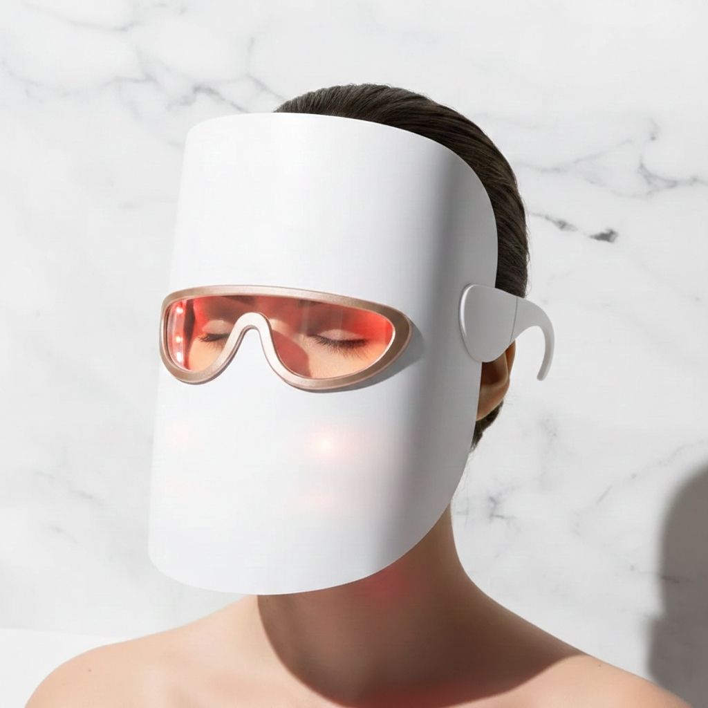 Persoon draagt een wit LED-lichttherapiemasker met gouden rand en rode lichten.