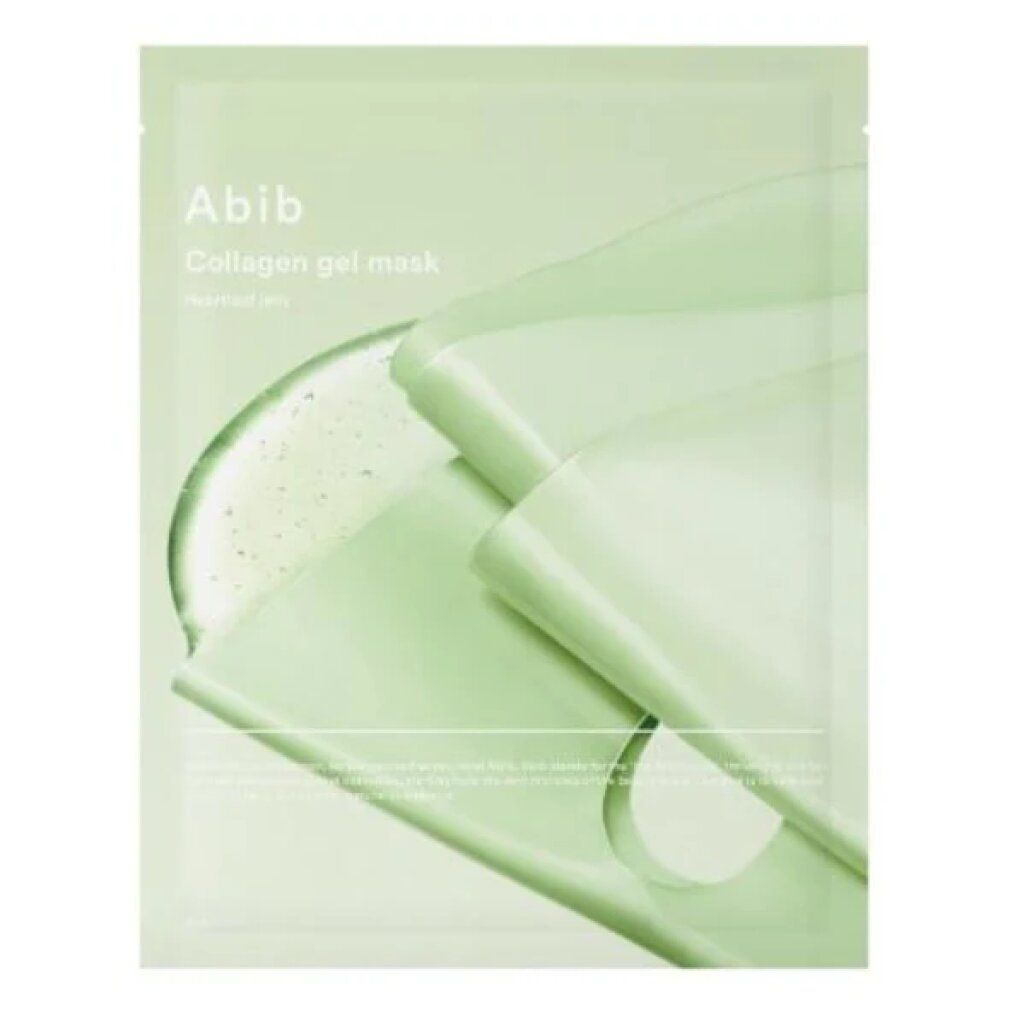 Abib Collagen Gel Mask Heartleaf Jelly verpakking, licht geopend, met gel overlay.