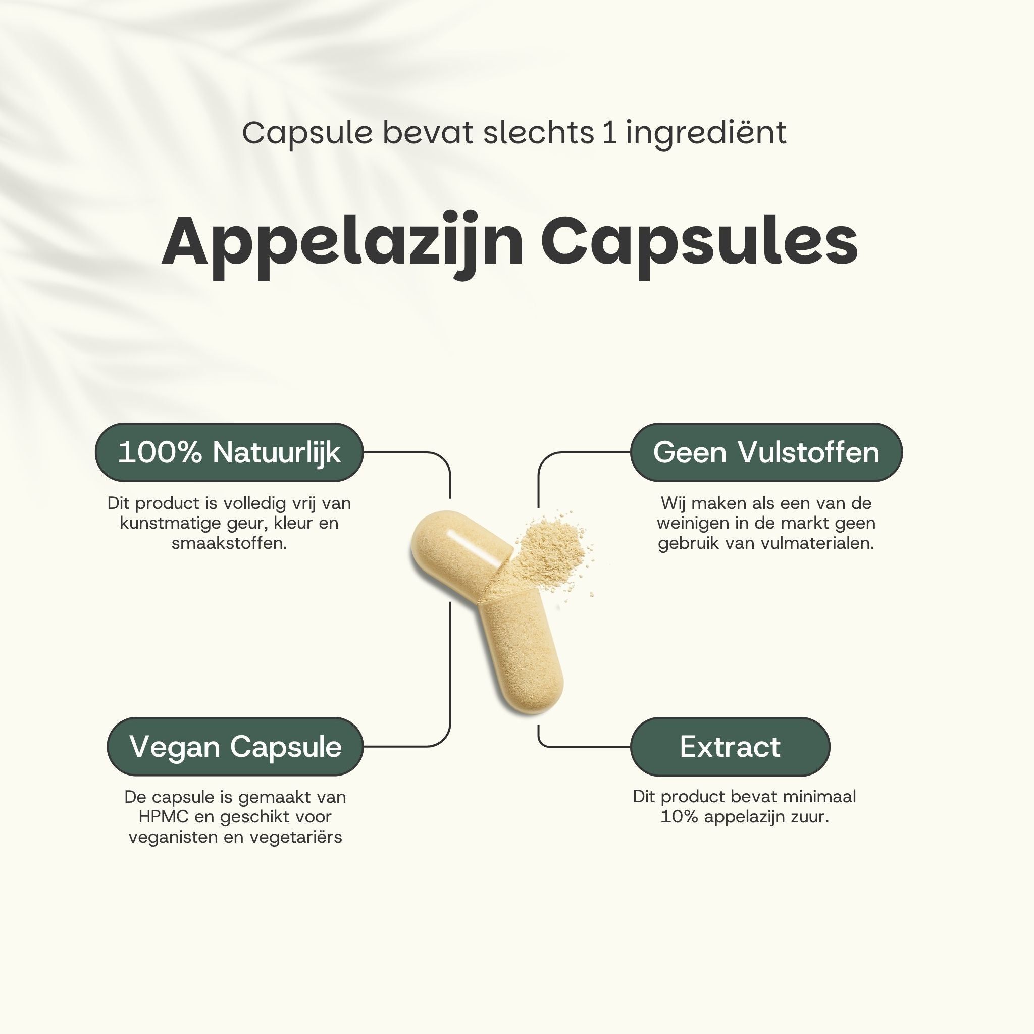 Advertentie met tekst en zakje met capsules. Tekst: Apple Cider Vinegar Extract Capsules. Capsules ernaast.
