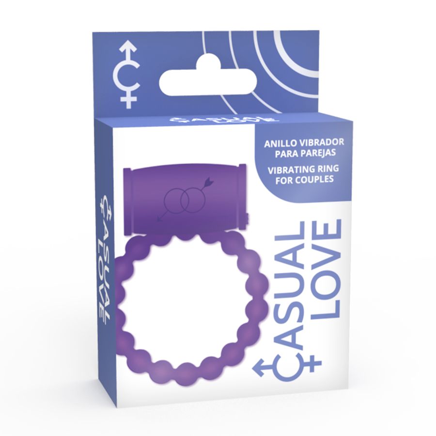 Emballage avec anneau vibrant violet. Texte Casual Love et nom du produit. Image de l'anneau.