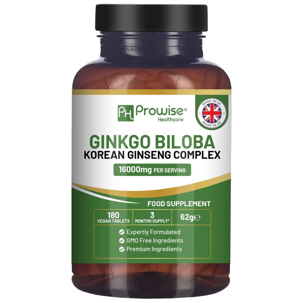 Un flacon de Prowise Healthcare Ginkgo Biloba et Ginseng coréen. Flacon brun avec couvercle noir. Étiquette verte et blanche.