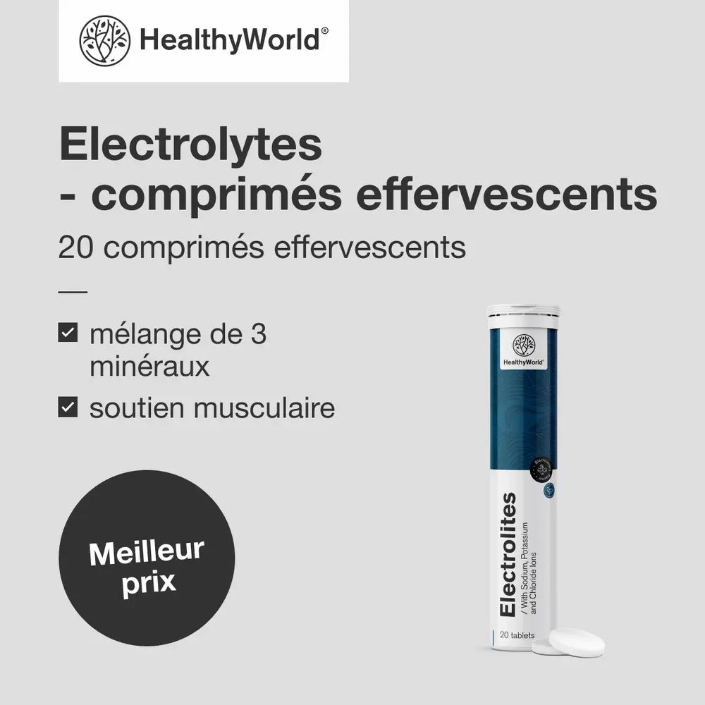 Tube de comprimés effervescents d'électrolytes avec informations sur les minéraux et la fonction musculaire.