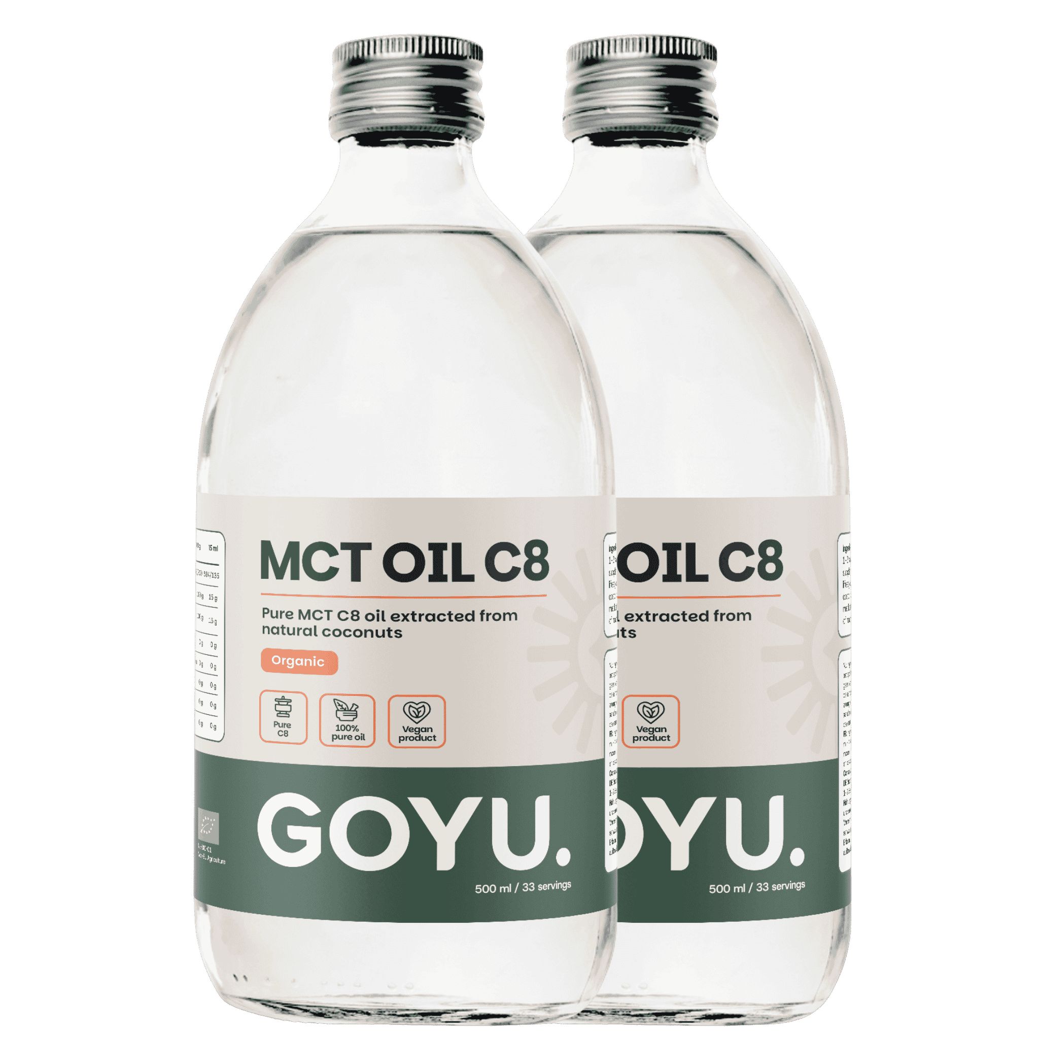 Twee GOYU MCT Olie C8 flessen, elk 500 ml. Biologisch gecertificeerd, puur uit kokosnoten.
