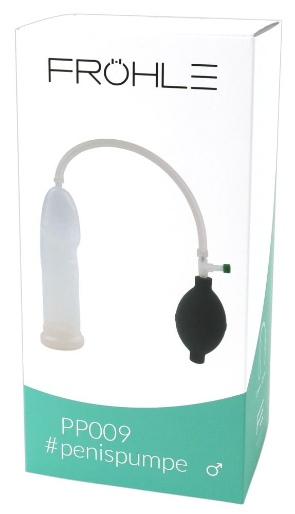Anatomische penis pomp met transparante cilinder, zwarte balg en slang.