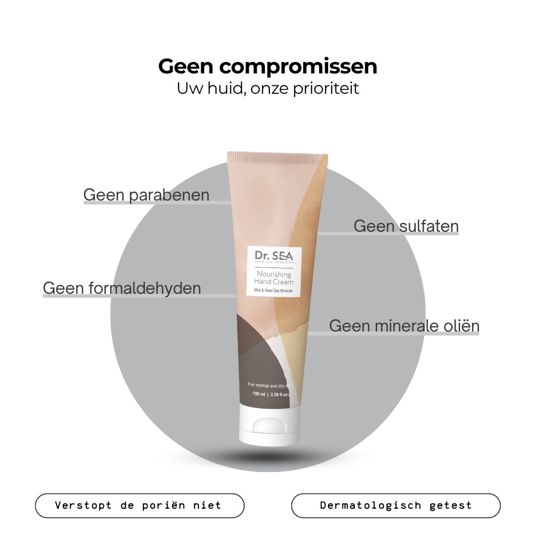 Crèmetube. Opschrift: Dr. SEA, Nourishing Hand Cream. Voor normale en droge huid. Witte dop.