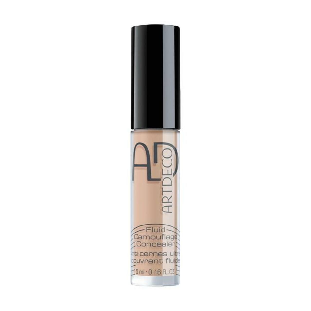 Artdeco Concealer Fluid. Fles met zwarte dop. Opschrift: Fluid Camouflage Concealer. Kleur: Peach Medium.