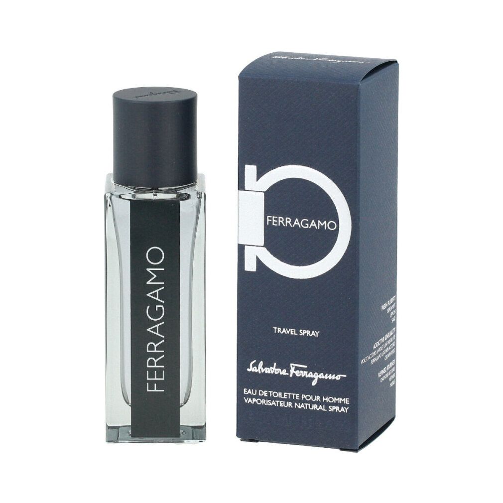 Eau de toilette met verpakking. Transparante fles met zwarte dop. Opschrift: FERRAGAMO. Blauwe verpakking met logo en tekst.
