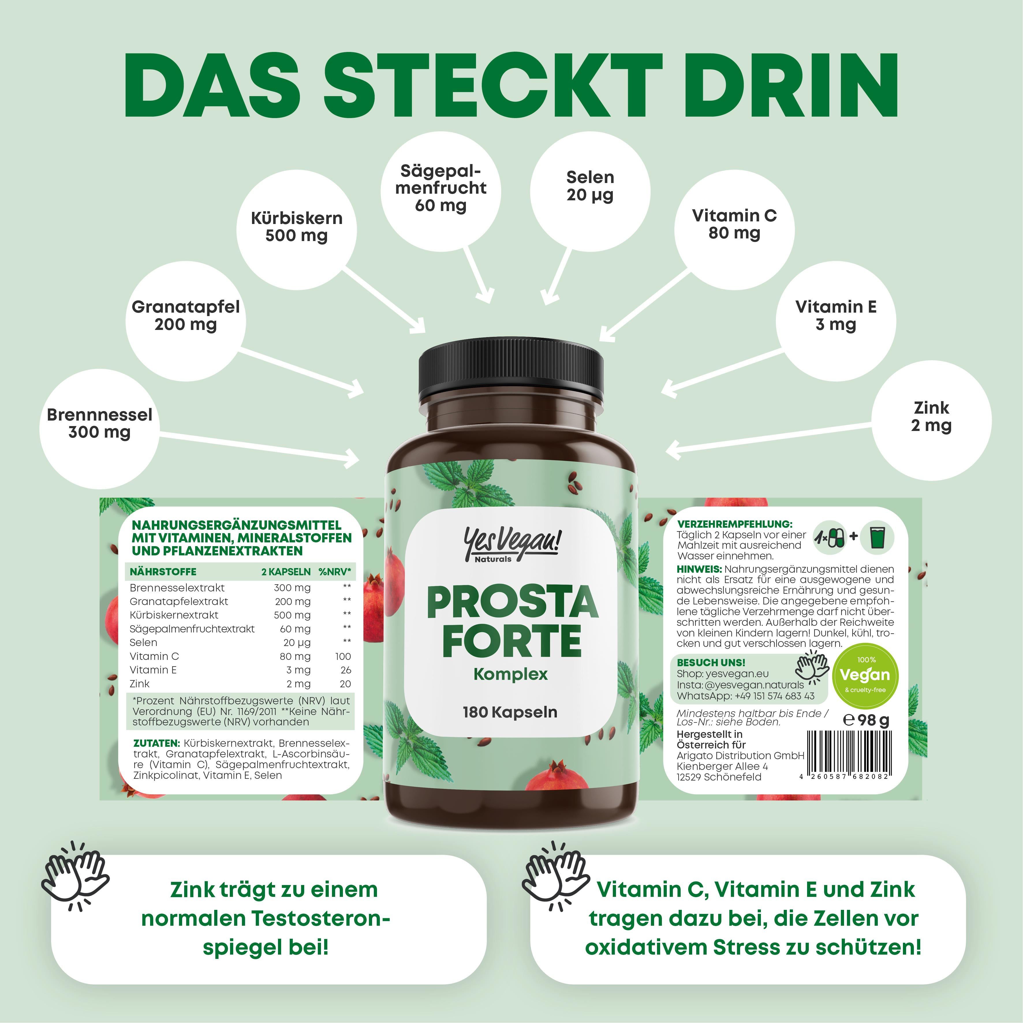 Fles met 180 Prosta Forte Komplex capsules van Yes Vegan! met ingrediëntenoverzicht.