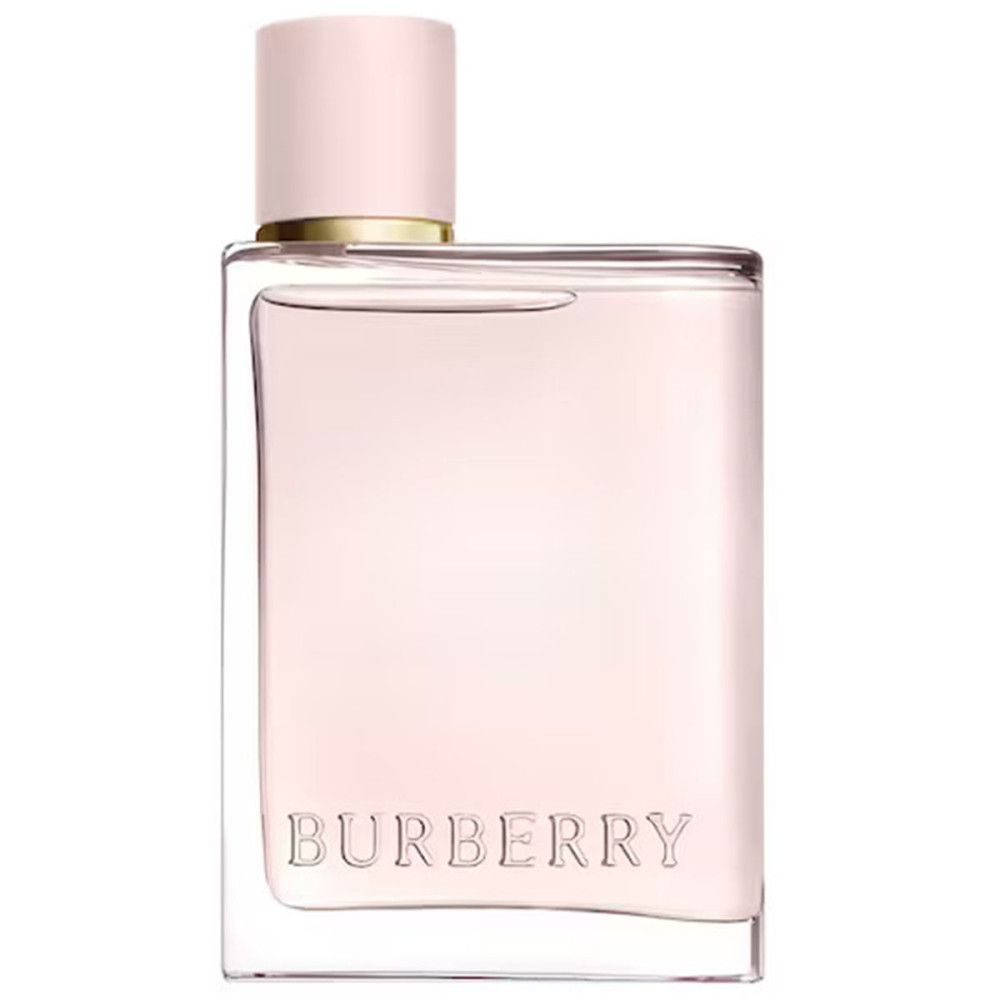 Flacon Burberry Her Eau de Parfum. Forme carrée, liquide rose, bouchon rose, anneau doré.