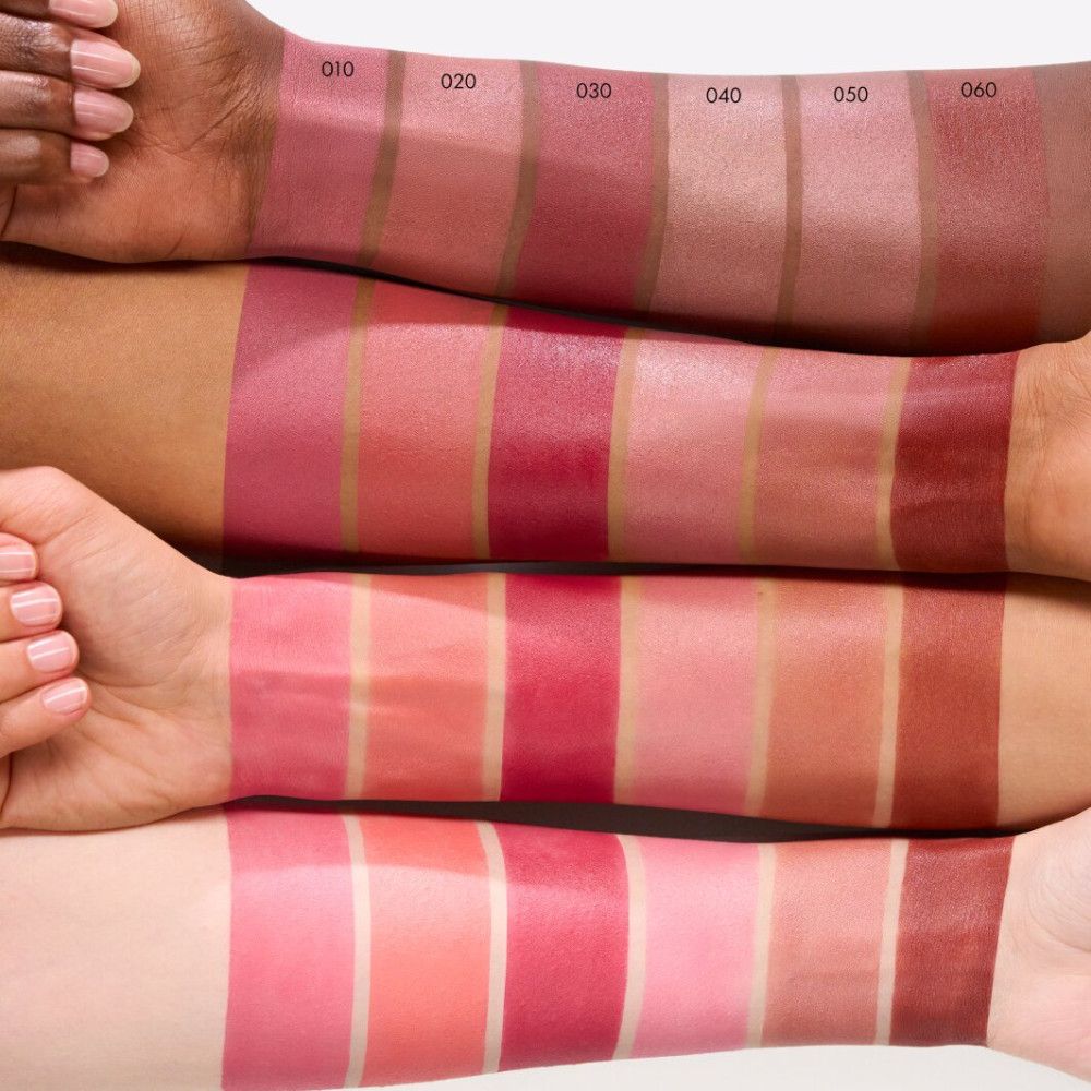 Bras avec différentes couleurs de blush. Inscription: 010, 020, 030, 040, 050, 060. Différents tons de peau.