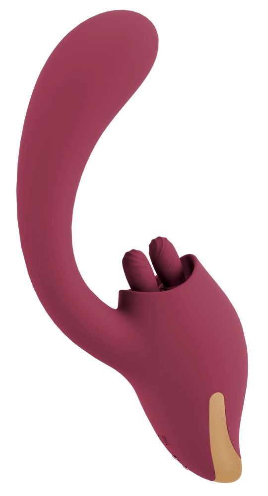 Paarse vibrator met gebogen schacht en twee stimulatoren aan de punt. Zijaanzicht.
