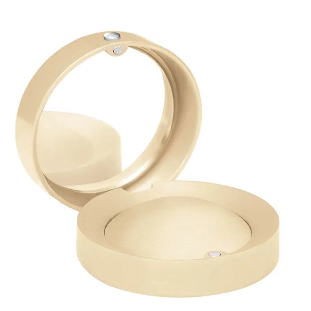 Boîtier de fard à paupières rond beige clair avec miroir. Ouvert, fard visible. Fermeture magnétique.