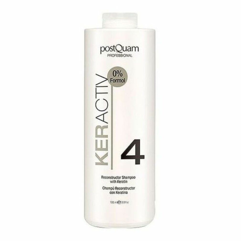Witte shampoo fles met KERACTIV, 4 en 0% Formol. Tekst: Reconstructor Shampoo with Keratin.