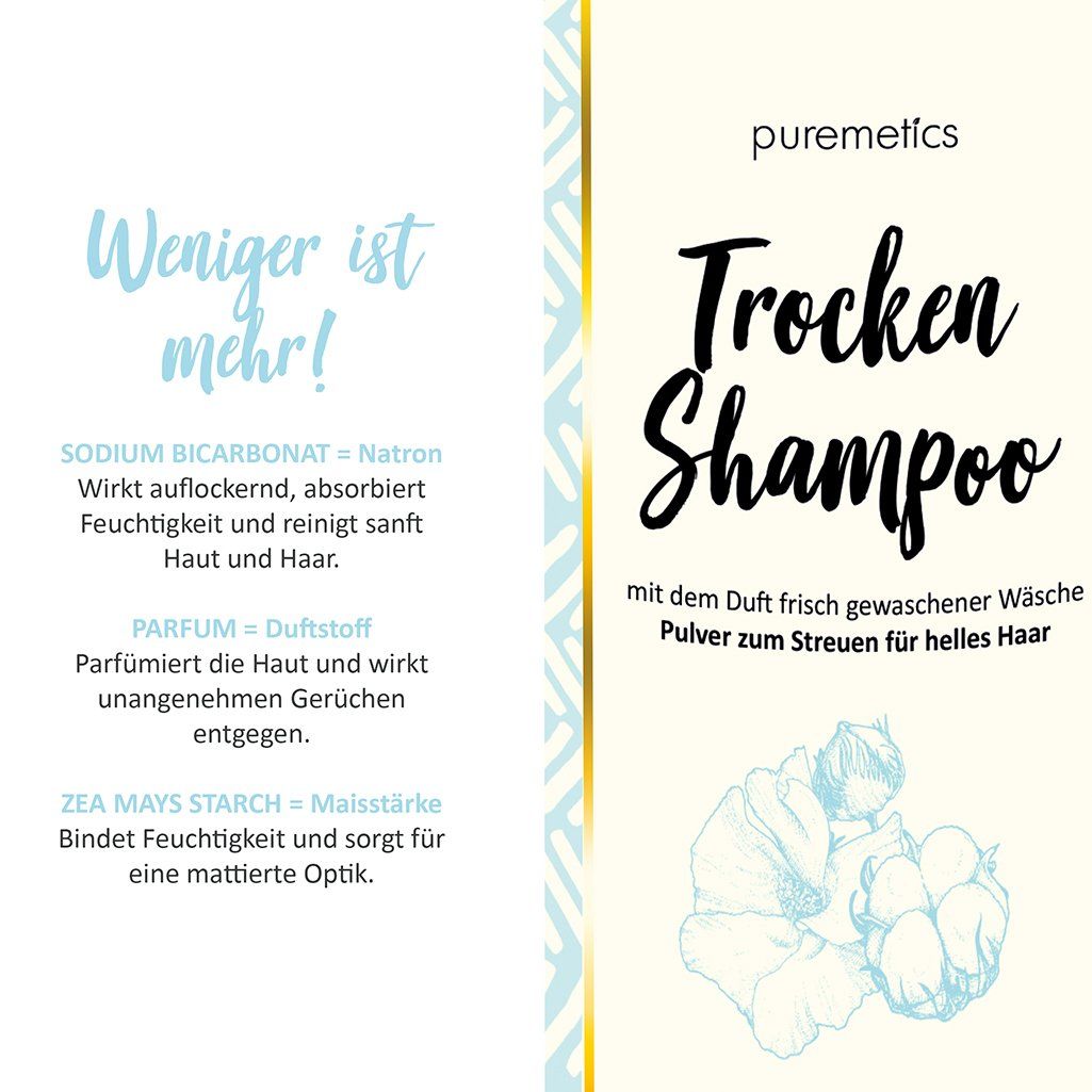 Informations sur le produit : "puremetics Trocken Shampoo". Ingrédients et description. Illustration de fleurs de coton.