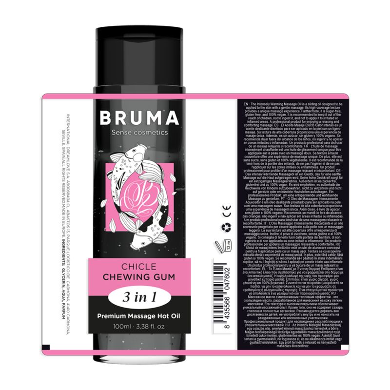 BRUMA 3-in-1 massageolie fles met etiket waarop ingrediënten en certificeringen staan.