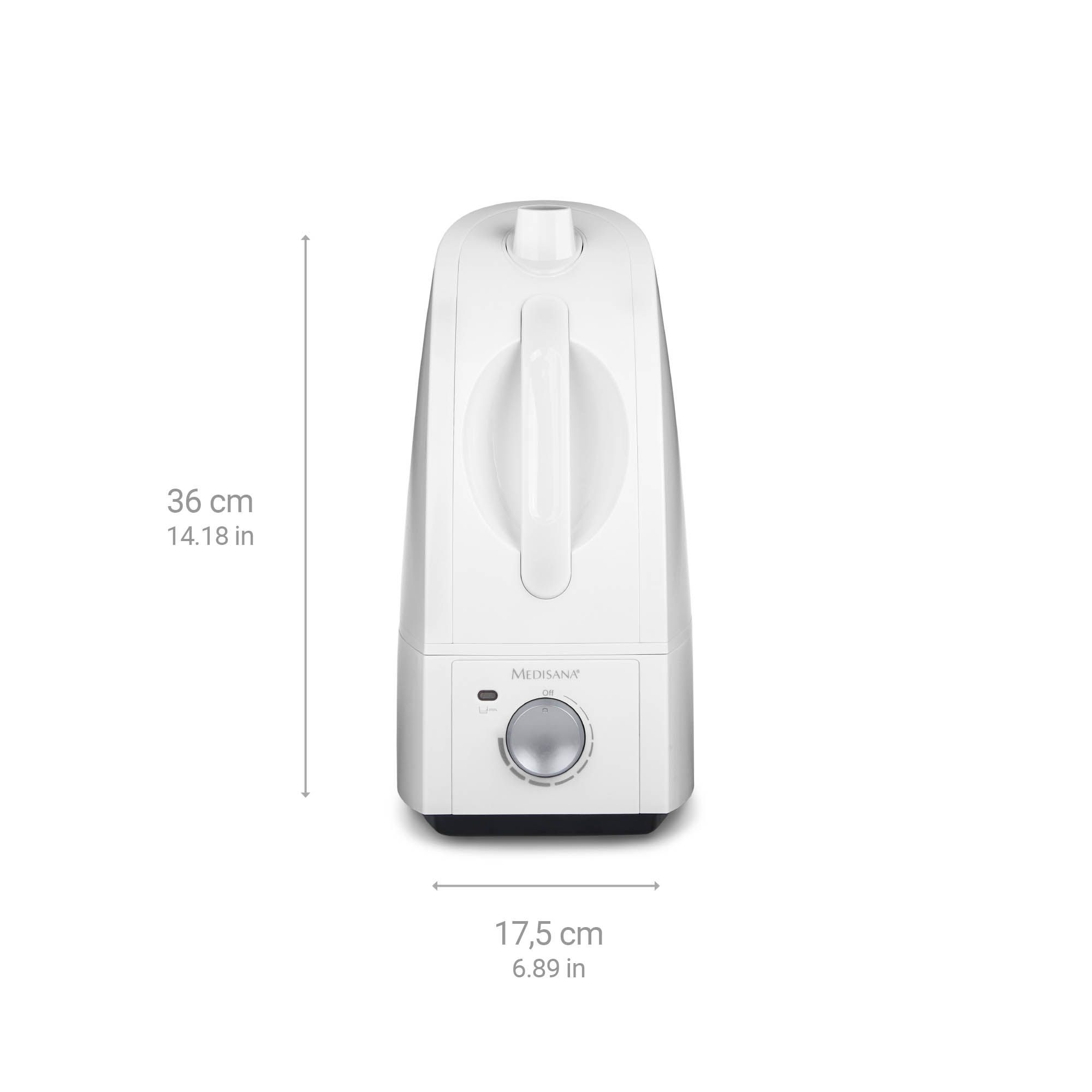 Humidificateur avec dimensions : 36 cm de haut, 17,5 cm de large. Marque Medisana.