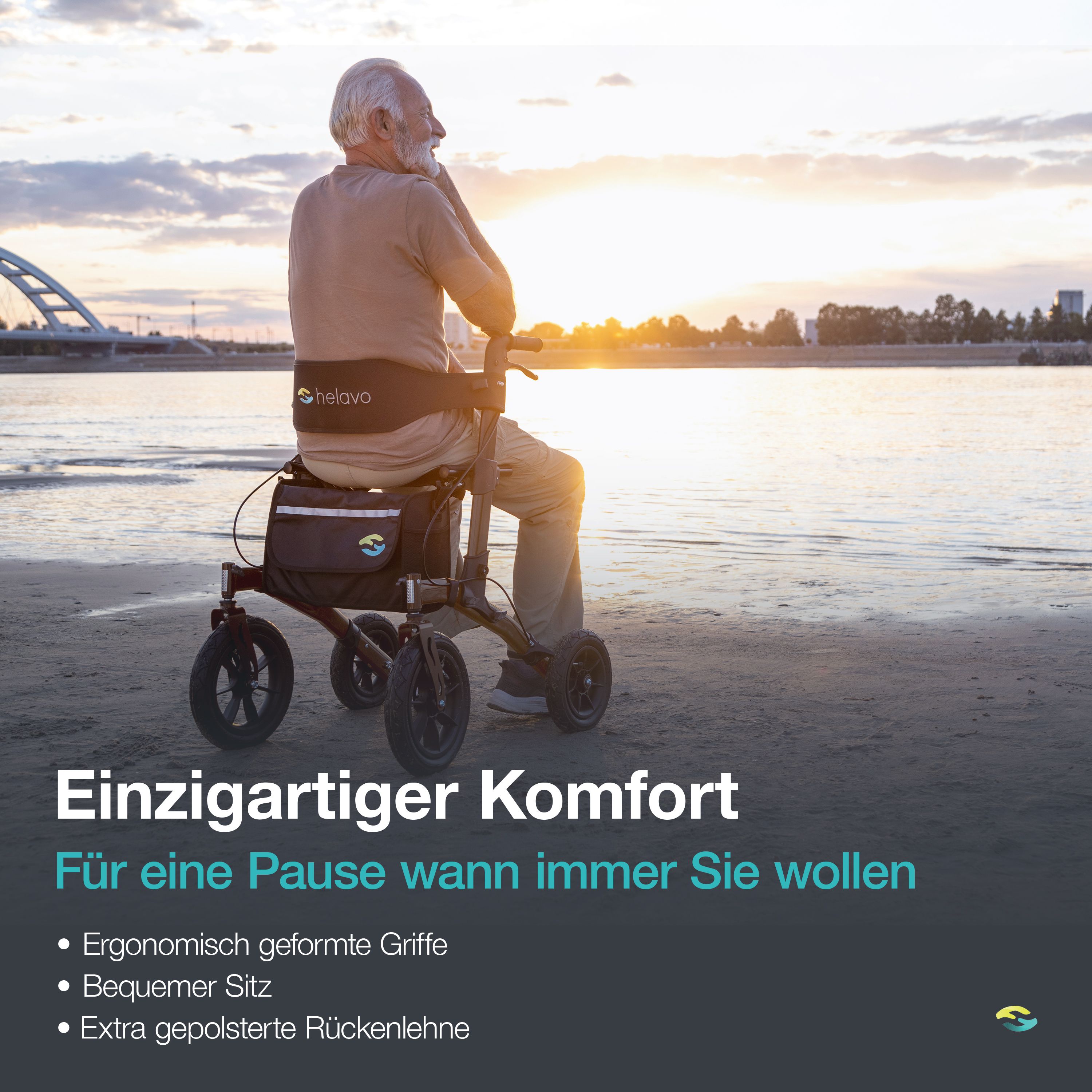 Rollator Helavo avec siège, dossier et poignées ergonomiques sur la plage.