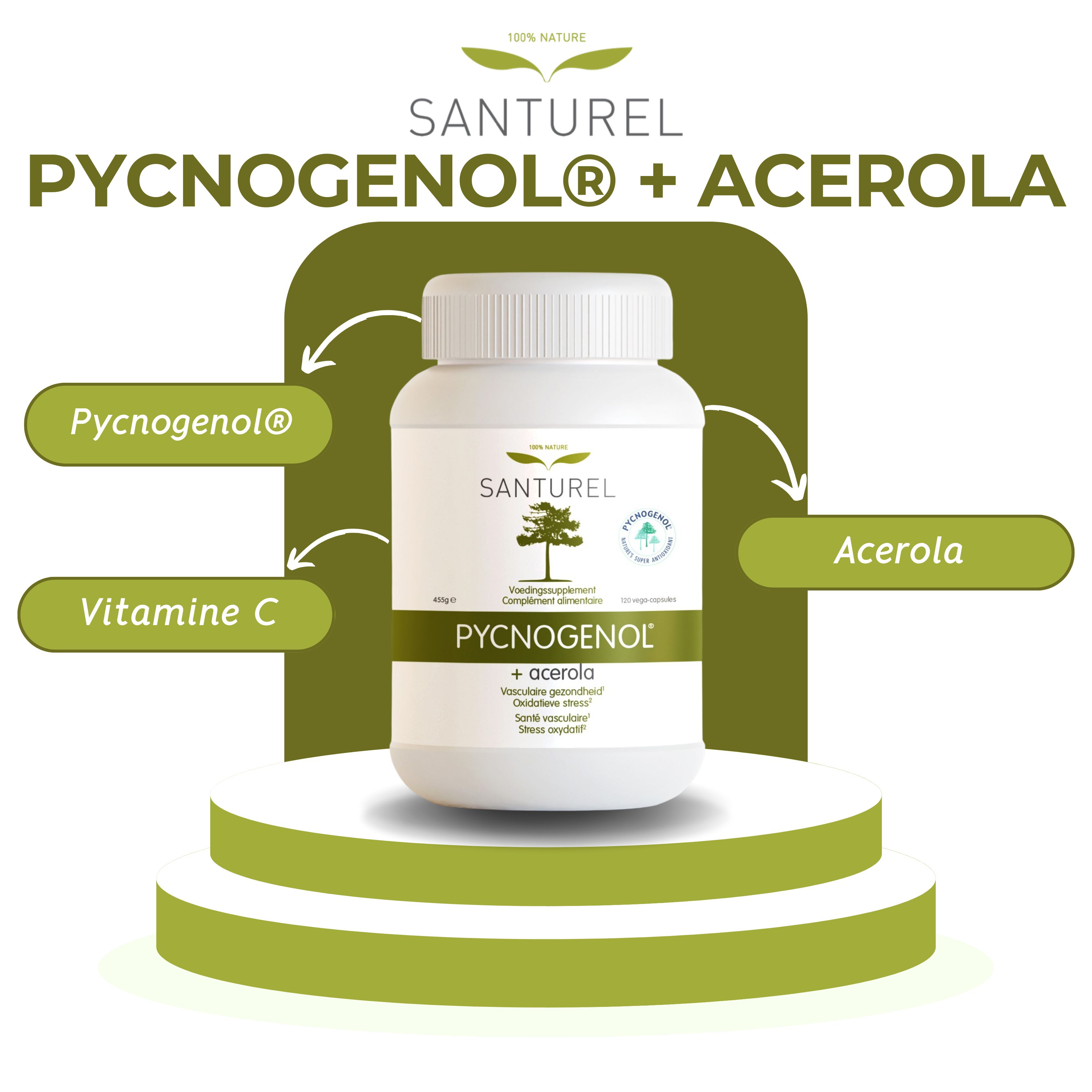 Flacon Santurel Pycnogenol® + Acerola. Pycnogenol®, Acerola et Vitamine C. Sur un piédestal.