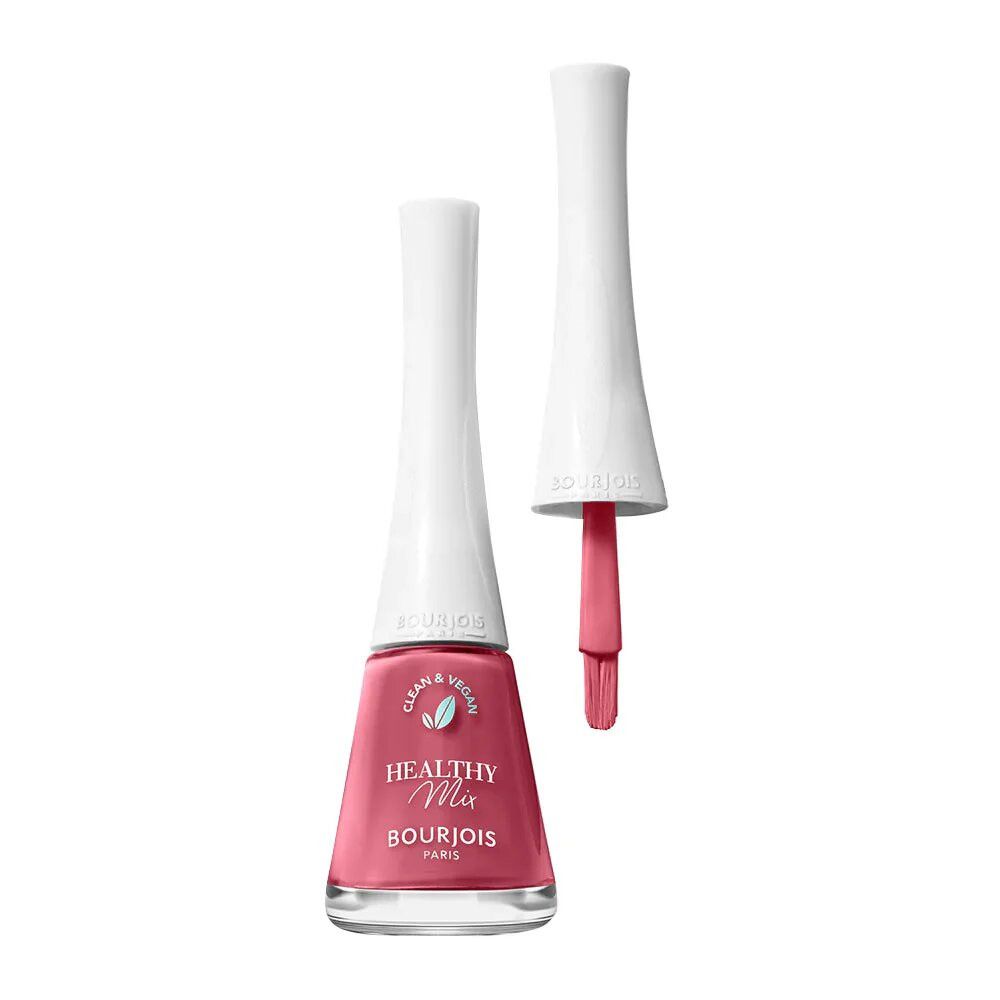 Flacon de vernis à ongles avec pinceau. Vernis rose, bouchon blanc. Inscription Healthy Mix et Bourjois.