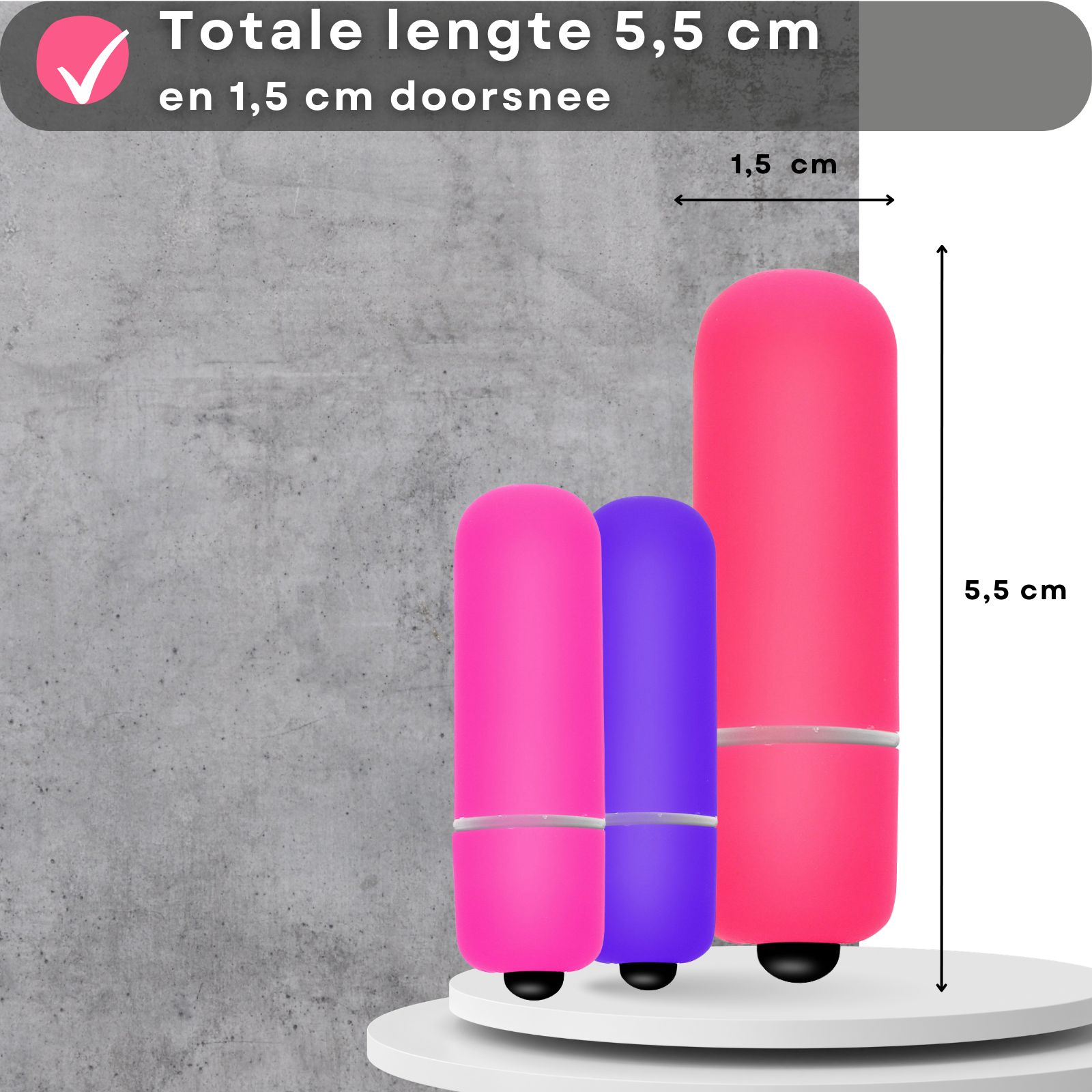 Drie mini-vibrators. Paars, roze en roze. Afmetingen: 5,5 cm lang, 1,5 cm diameter.