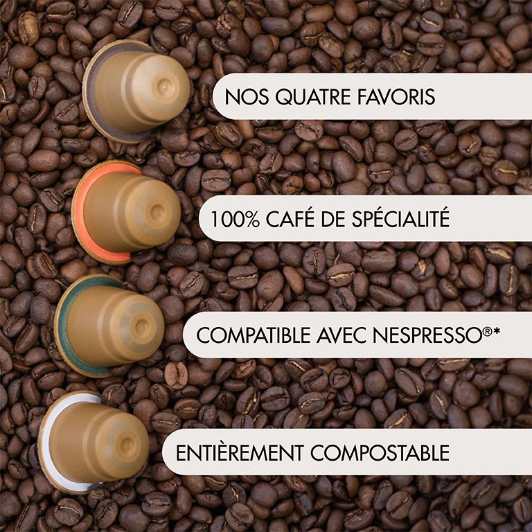 Capsules de café sur grains de café. Texte : Nos quatre favoris, 100% café de spécialité, compatible Nespresso.