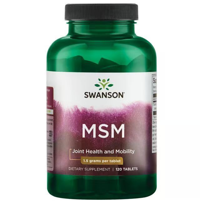 Groene fles met zwarte dop. Opschrift: SWANSON MSM, 1,5 gram per tablet, 120 tabletten. Voedingssupplement.