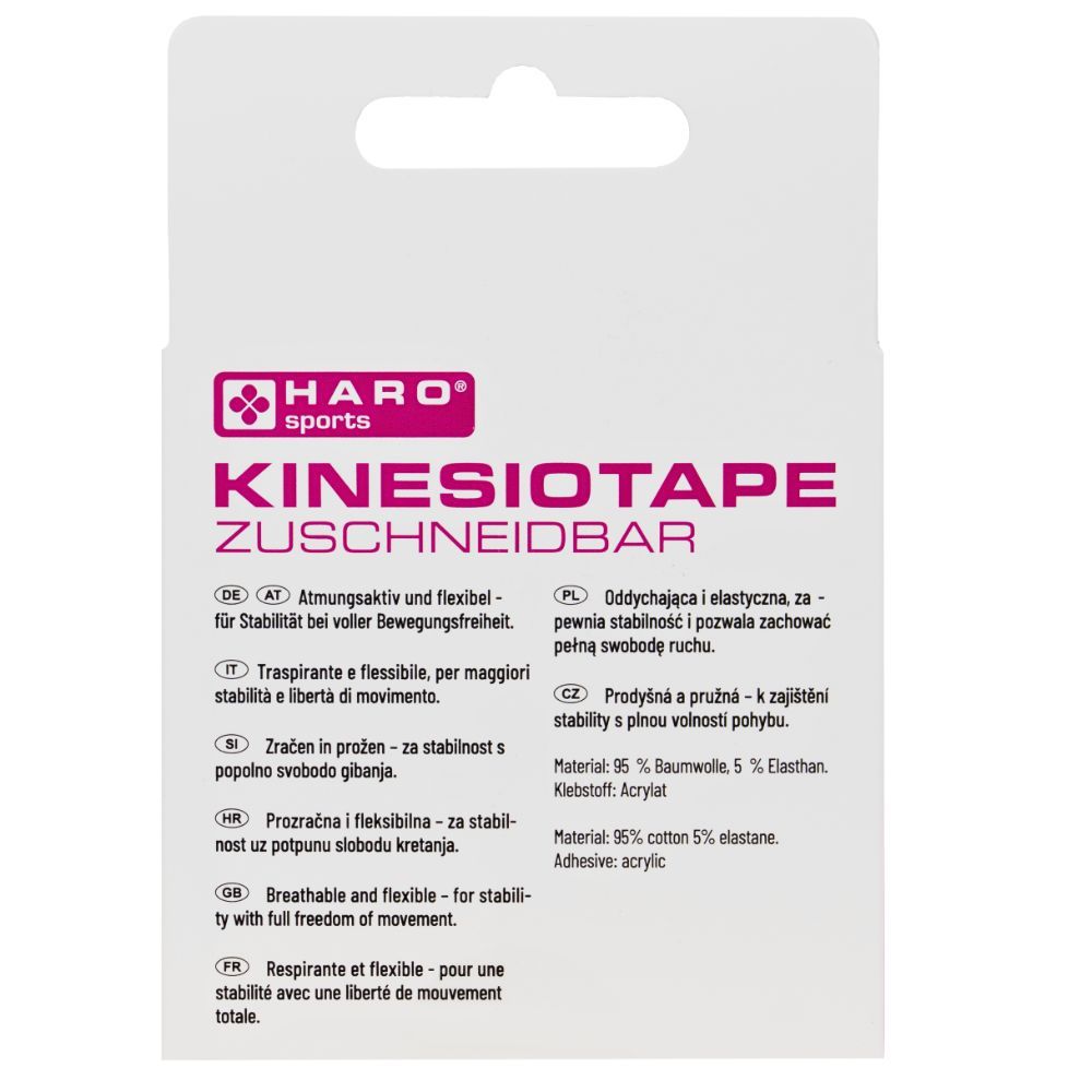 Achterkant van de kinesiotape verpakking. Merk HARO SPORTS. Opschrift: KINESIOTAPE ZUSCHNIDBAR. Tekst in meerdere talen.