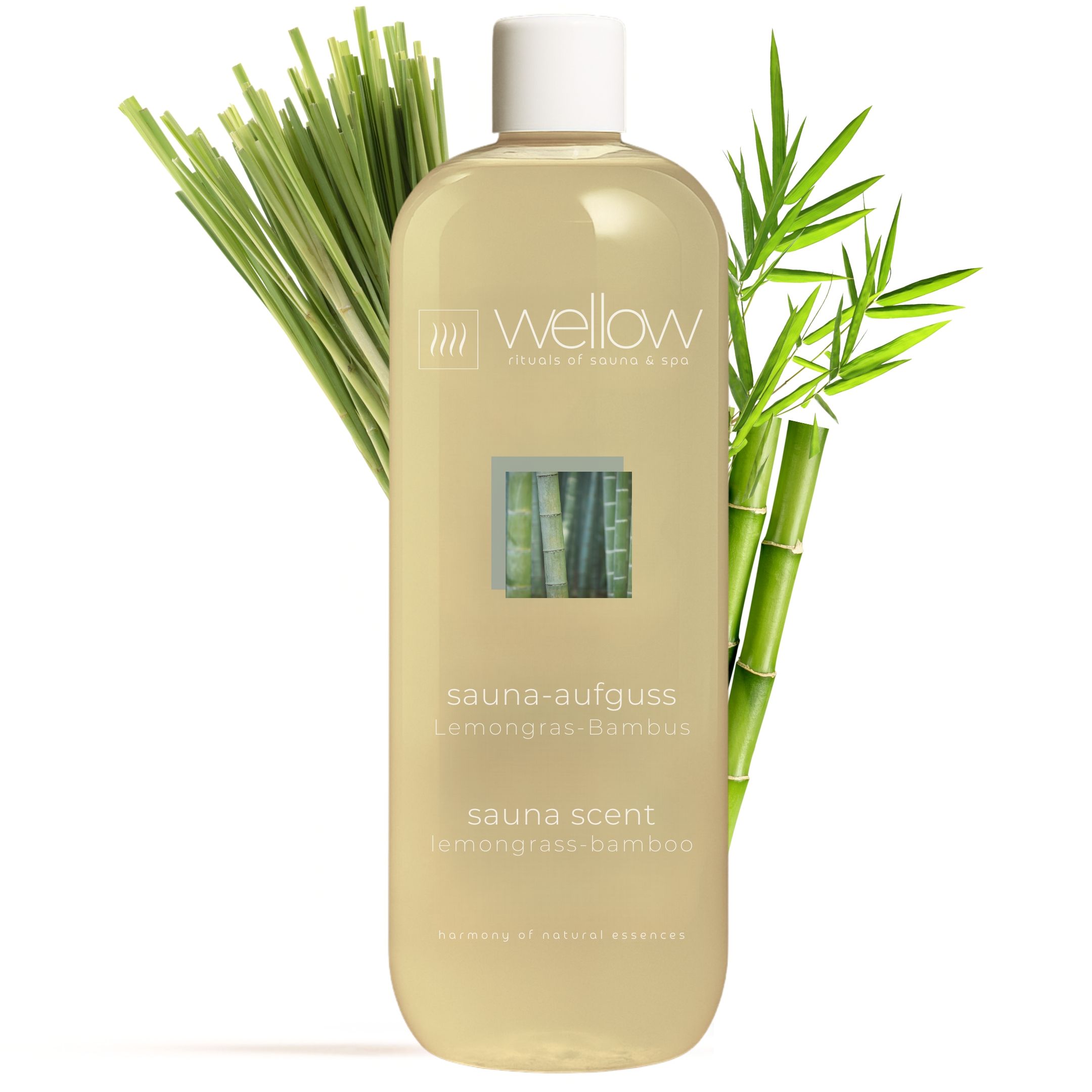 Wellow Sauna-Aufguss Lemongras-Bambus fles. Label met tekst. Citroengras en bamboe. Saunageur.