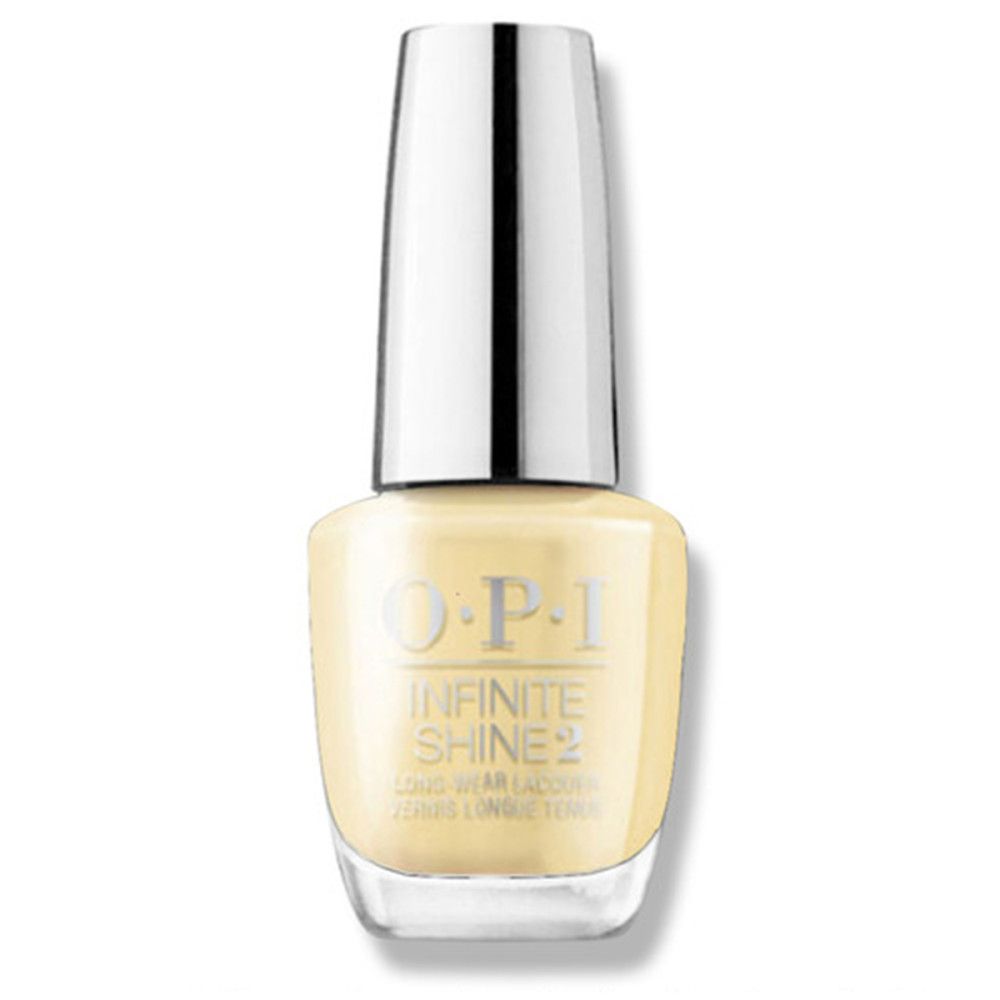 Flacon de vernis à ongles jaune clair. Bouchon argenté, nom du produit et inscription 'Infinite Shine'.