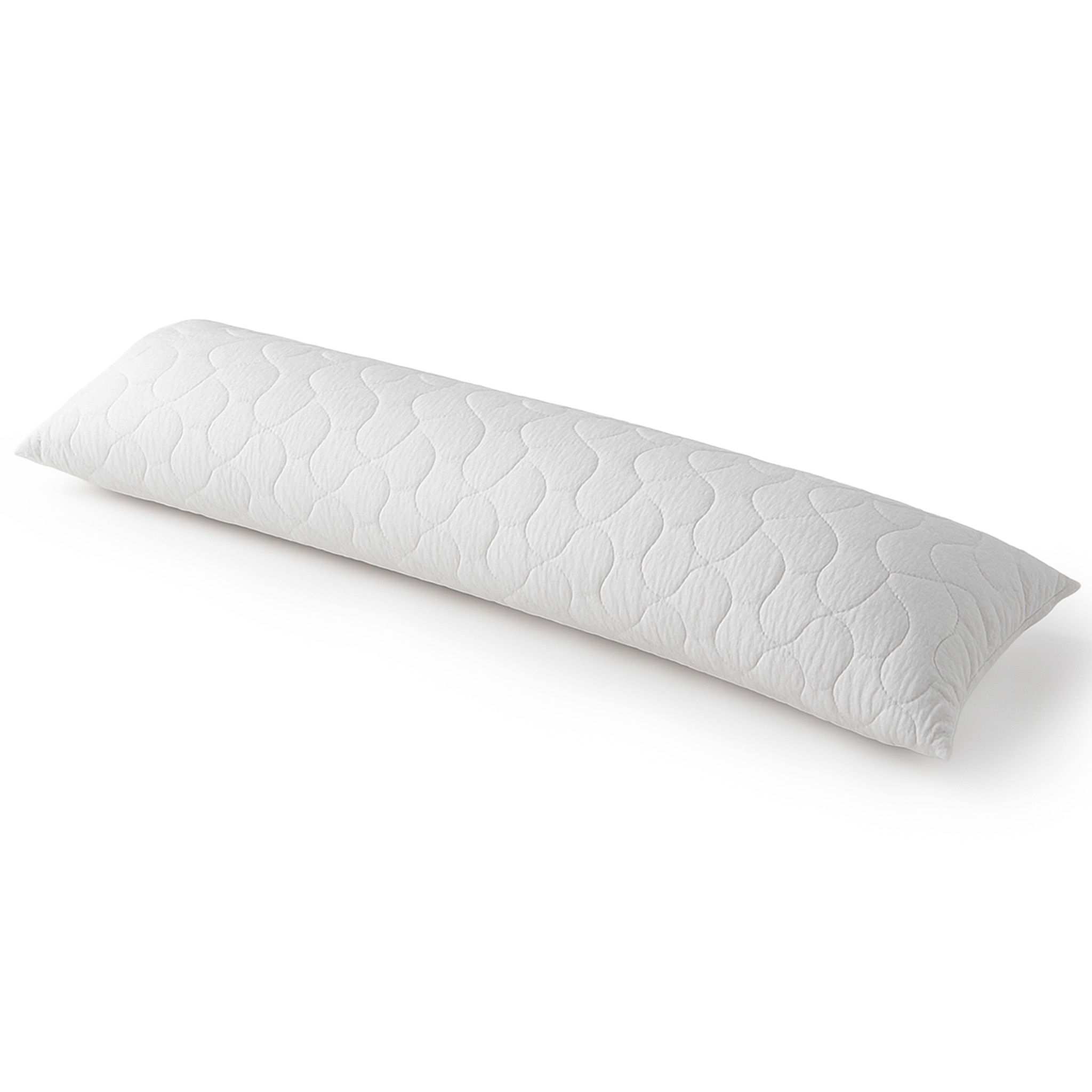 Oreiller blanc, allongé, matelassé. Vue en biais, isolé.