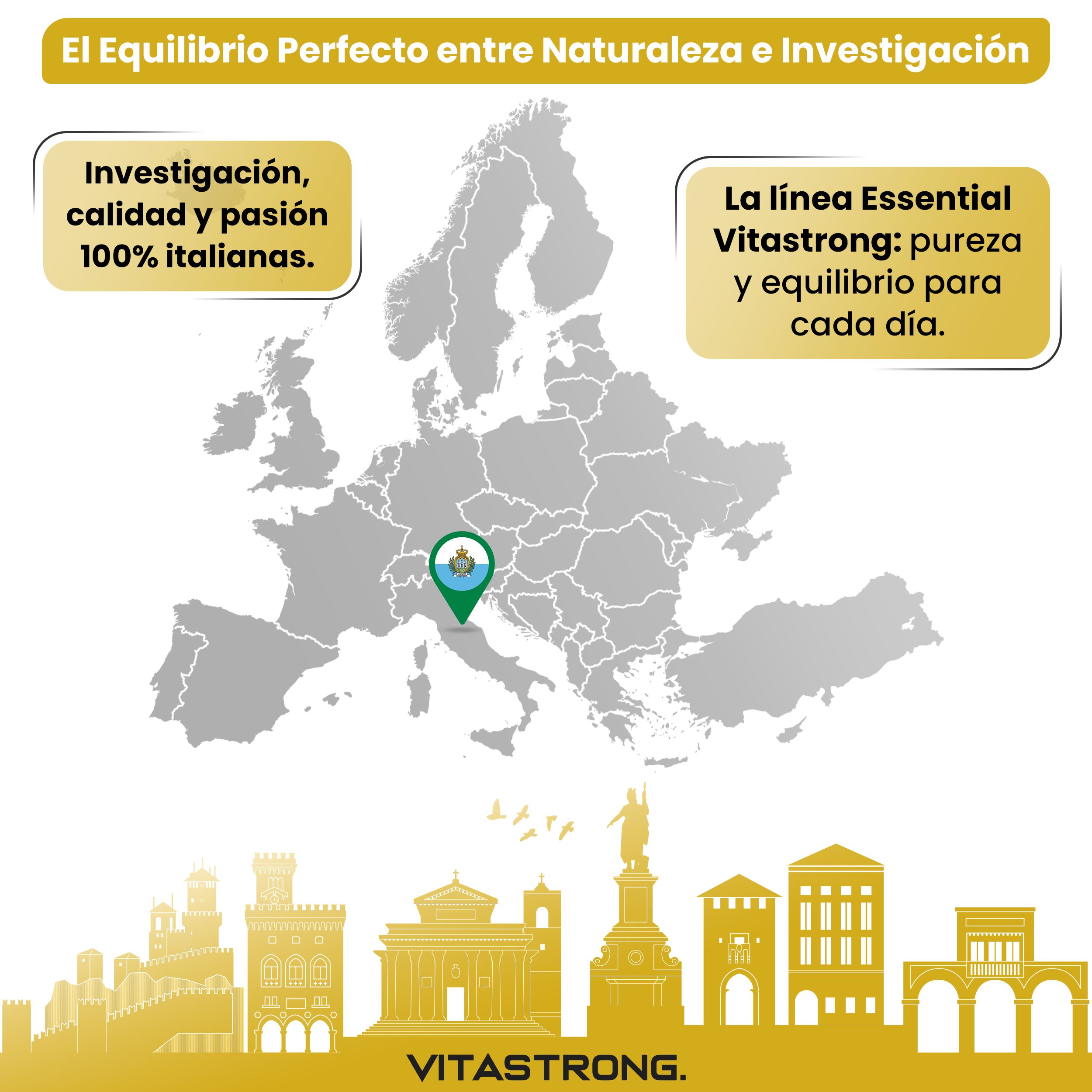 Europese kaart met San Marino gemarkeerd. Tekst: Onderzoek, kwaliteit, passie. De Essential lijn van Vitastrong.