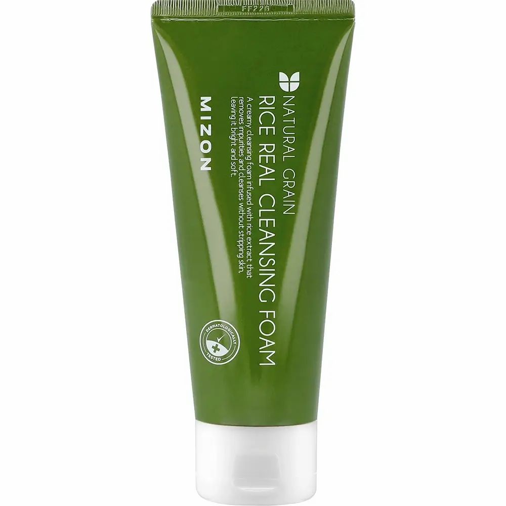 Groene tube met witte dop. Opschrift: MIZON, Rice Real Cleansing Foam. Logo en tekst: Natural Grain.