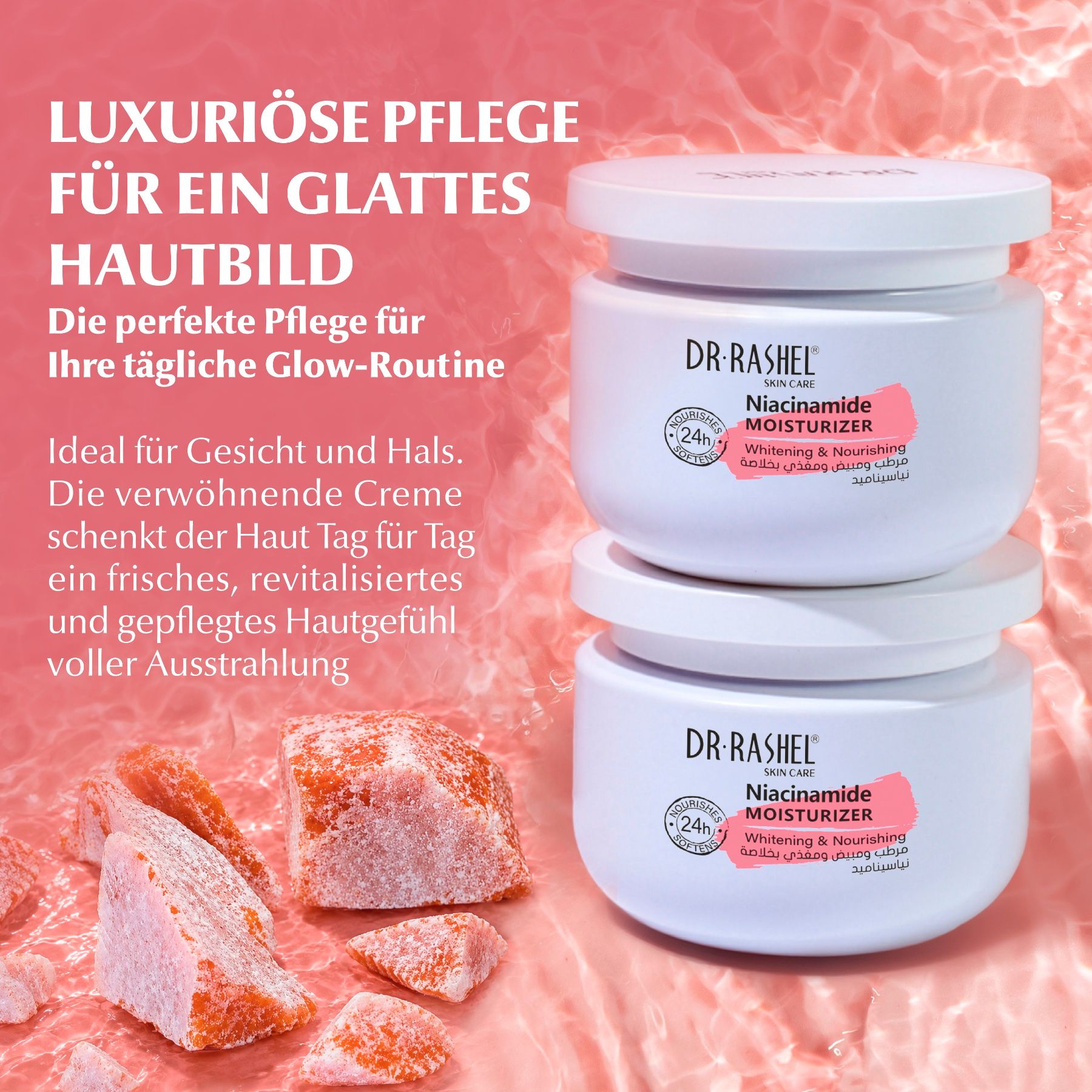 Deux pots blancs de DR. RASHEL Niacinamide Moisturizer. L'un est empilé sur l'autre.