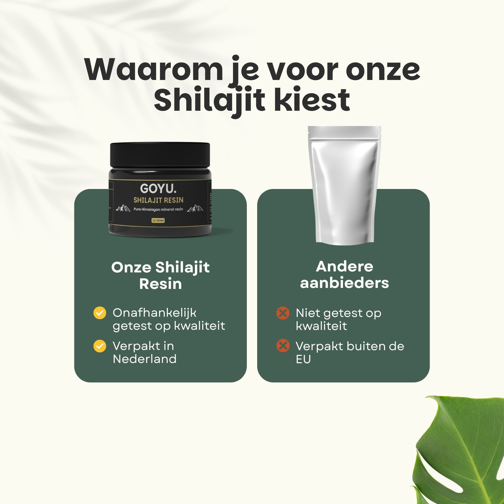Tekst: Waarom je voor onze Shilajit kiest. Pot met Shilajit hars. Tekst: GOYU.