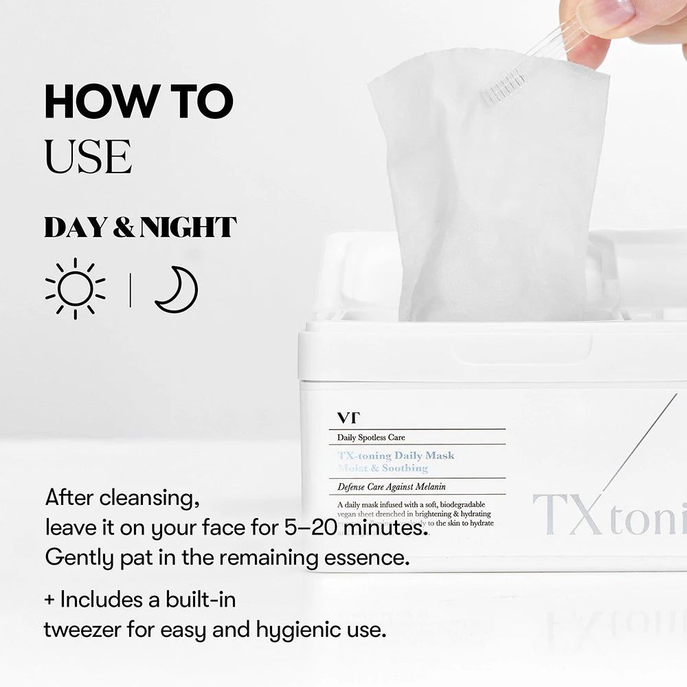 VT COSMETICS TX-Toning: Gebruiksaanwijzing met dag- en nachtsymbolen.